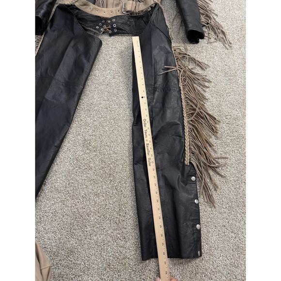 VTG UNIK Jacket Womens Medium Black Tan Leather Fringe Western Motorcycle Chaps - Picture 3 of 16